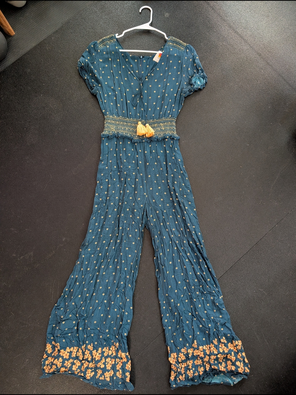 FARM Rio Anthropologor Teal Wide-Leg Jumpsuit with Yellow Tassel Size Small
